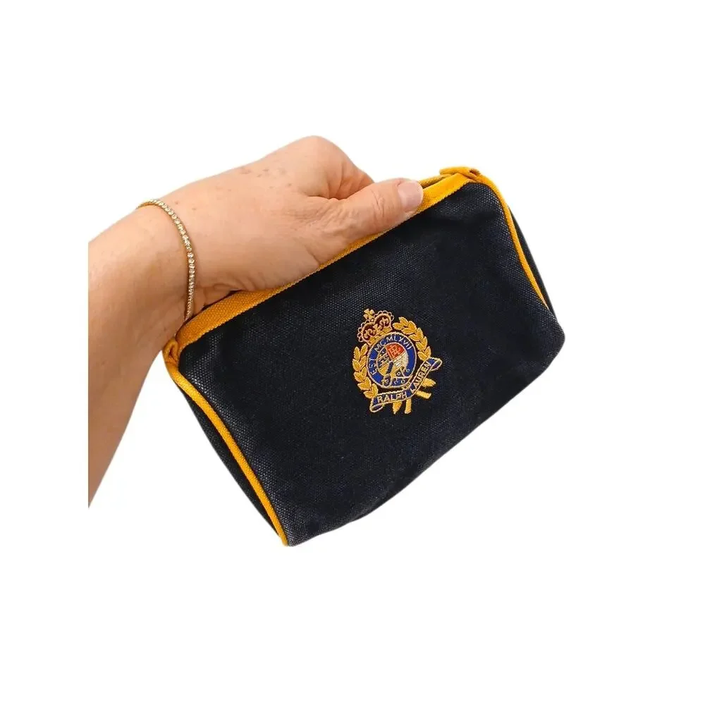 Vintage Ralph Lauren Zip Clutch Cosmetic Bag Gold Crest 7” Black Gold Embroidery